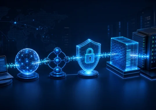 HTTPS 请求依次经过 DNS、TCP、TLS、反向代理和应用服务器的安全链路示意图