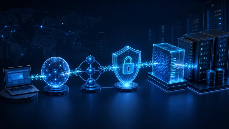 HTTPS 请求依次经过 DNS、TCP、TLS、反向代理和应用服务器的安全链路示意图