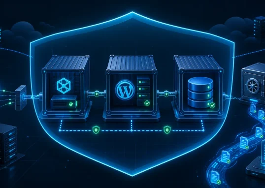 反向代理、WordPress、数据库、备份和审计组成的容器安全架构示意图