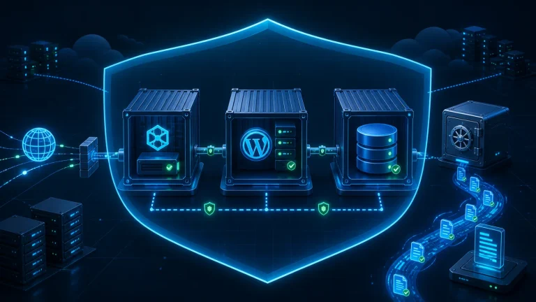 反向代理、WordPress、数据库、备份和审计组成的容器安全架构示意图