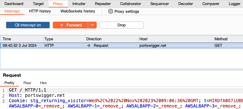 Burp Suite Proxy 拦截授权实验中的 HTTP 请求，展示请求内容与转发控制