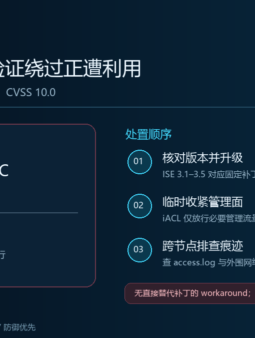Cisco ISE CVE-2026-76460 安全快讯信息图，展示影响范围、固定版本升级、管理面临时收敛及多节点日志排查