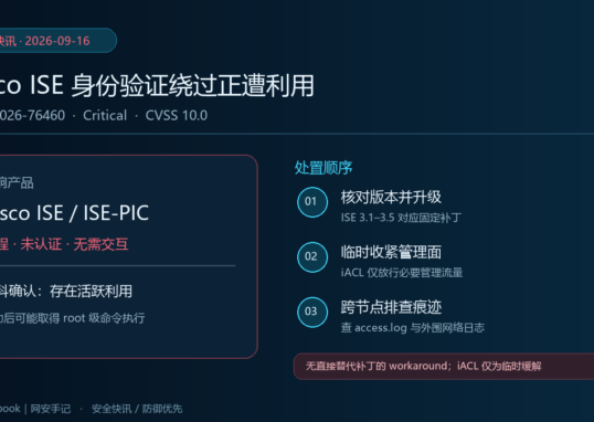 Cisco ISE CVE-2026-76460 安全快讯信息图，展示影响范围、固定版本升级、管理面临时收敛及多节点日志排查