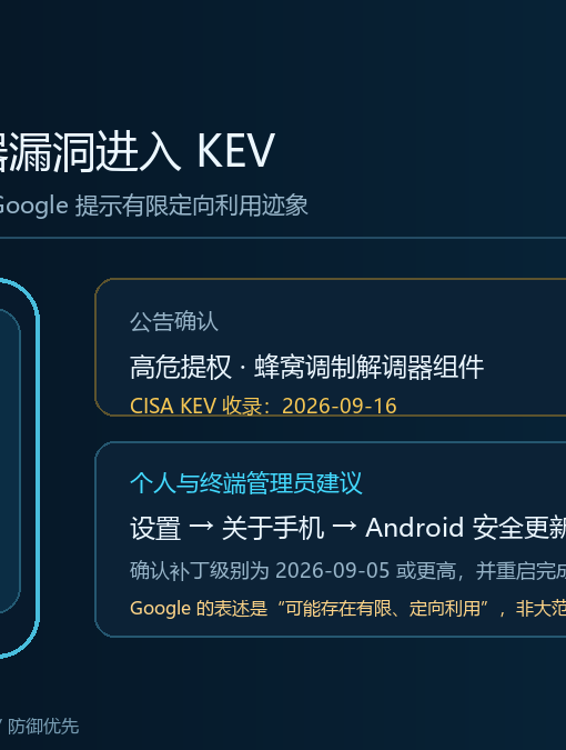 Google Pixel CVE-2026-58704 安全快讯信息图，说明调制解调器组件提权风险、CISA KEV 状态和 2026-09-05 补丁级别